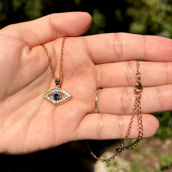 18K Gold Plated Diamond Evil Eye Necklace - Picture 6 of 9